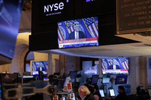 FILE PHOTO: Federal Reserve Chair Jerome Powell interest rate announcement at the New York Stock Exchange (NYSE) in New Yo...